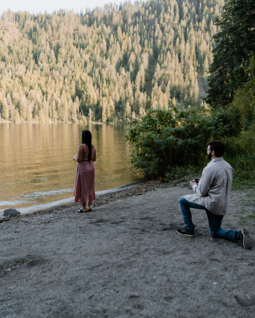 women standing at the bank of the river looking out while the man is down on one knee with an engagement ring.